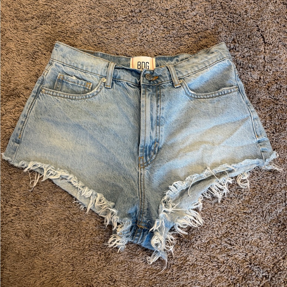 BDG Light Blue High-Rise Distressed Jean Shorts